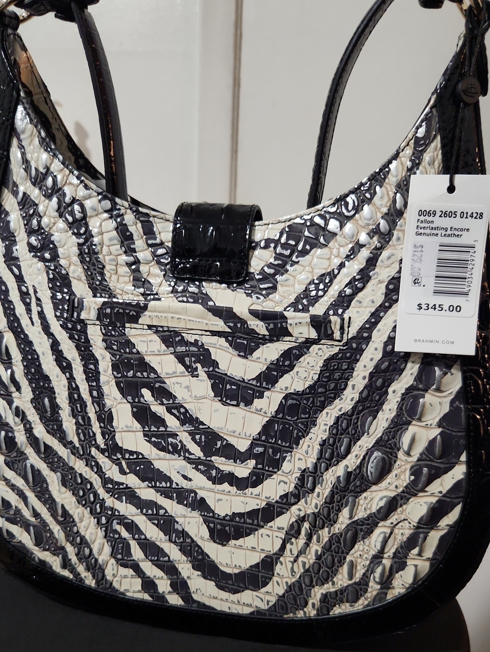 Brahmin Black & White Zebra-Print Patent Shoulder Bag- Fallon - Picture 2 of 11